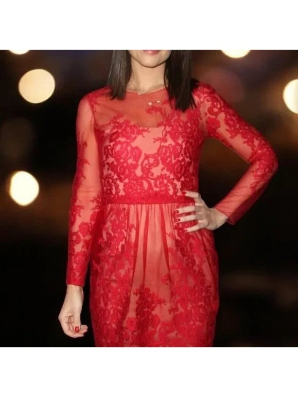 Marchesa Notte Red Lace Embroidered Illusion Long Sleeve Dress, Size 4